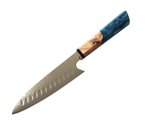 Nůž Santoku 19/32cm Damašková ocel 67/ Burl dřevo a modrá pryskyřice UG Grill